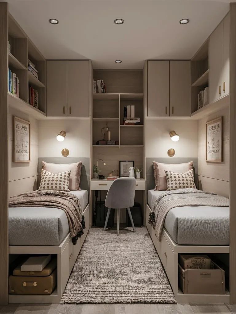 A shared bedroom in a supportive home: two single beds with reading lights, built-in storage under each bed and a shared desk between them